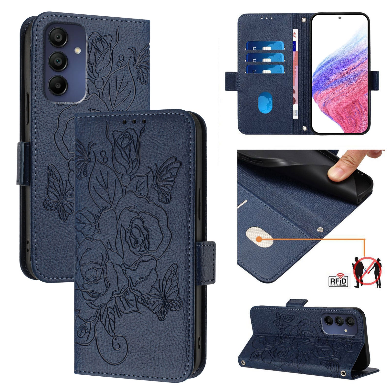 For Samsung Galaxy A16 5G / A16 4G Case Rose Imprinted RFID Blocking Leather Phone Cover with Strap - Dark Blue For Samsung Galaxy A16 5G / A16 4G Case Rose Imprinted RFID Blocking Leather Phone Cover with Strap - Dark Blue